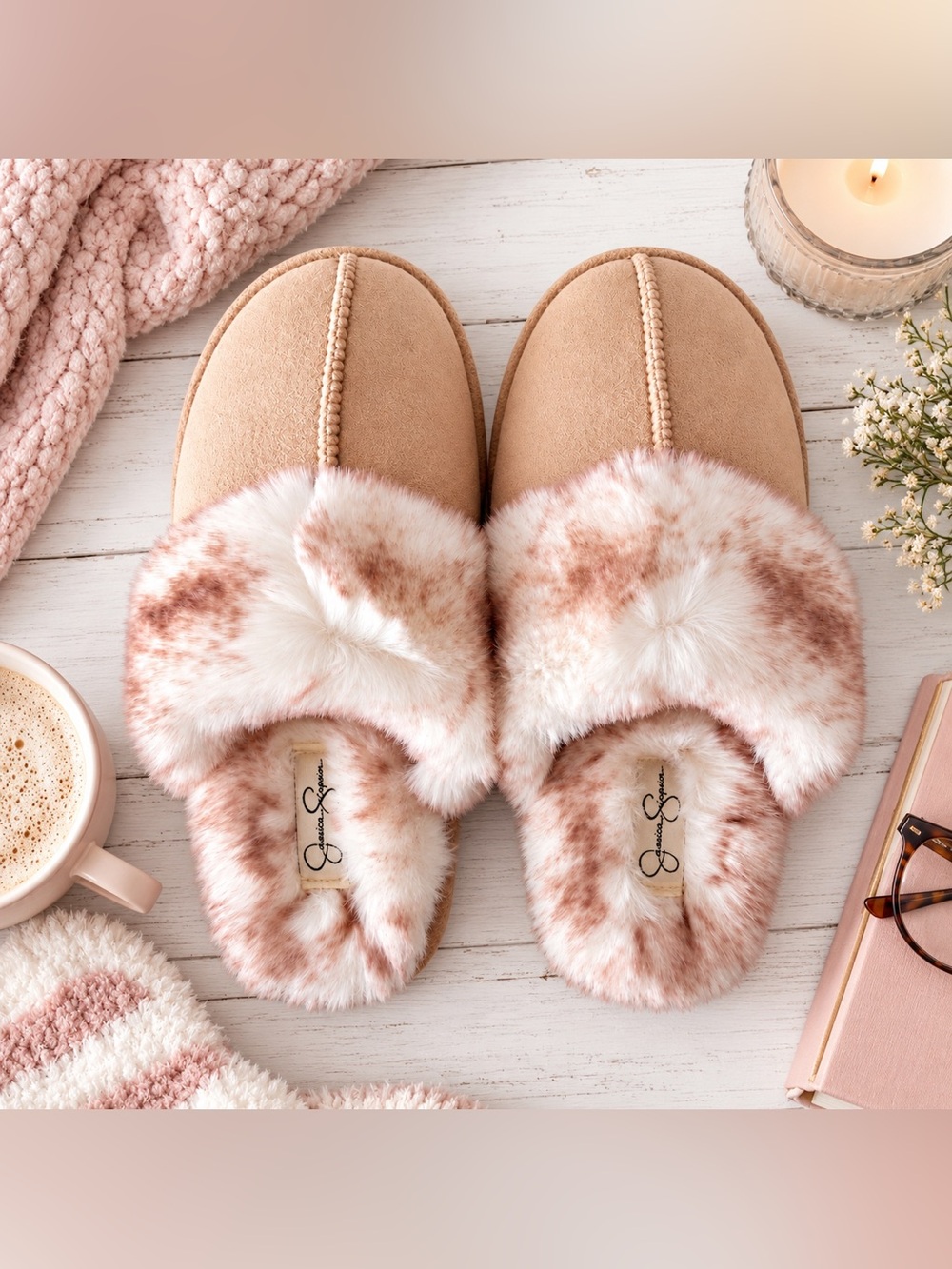 Jessica Simpson Faux Fur Slippers Pink Leopard XL 9-10 NWOT